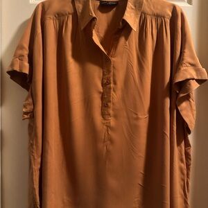 Lane Bryant Brown Blouse with Collared Neckline and Ruffled Sleeves